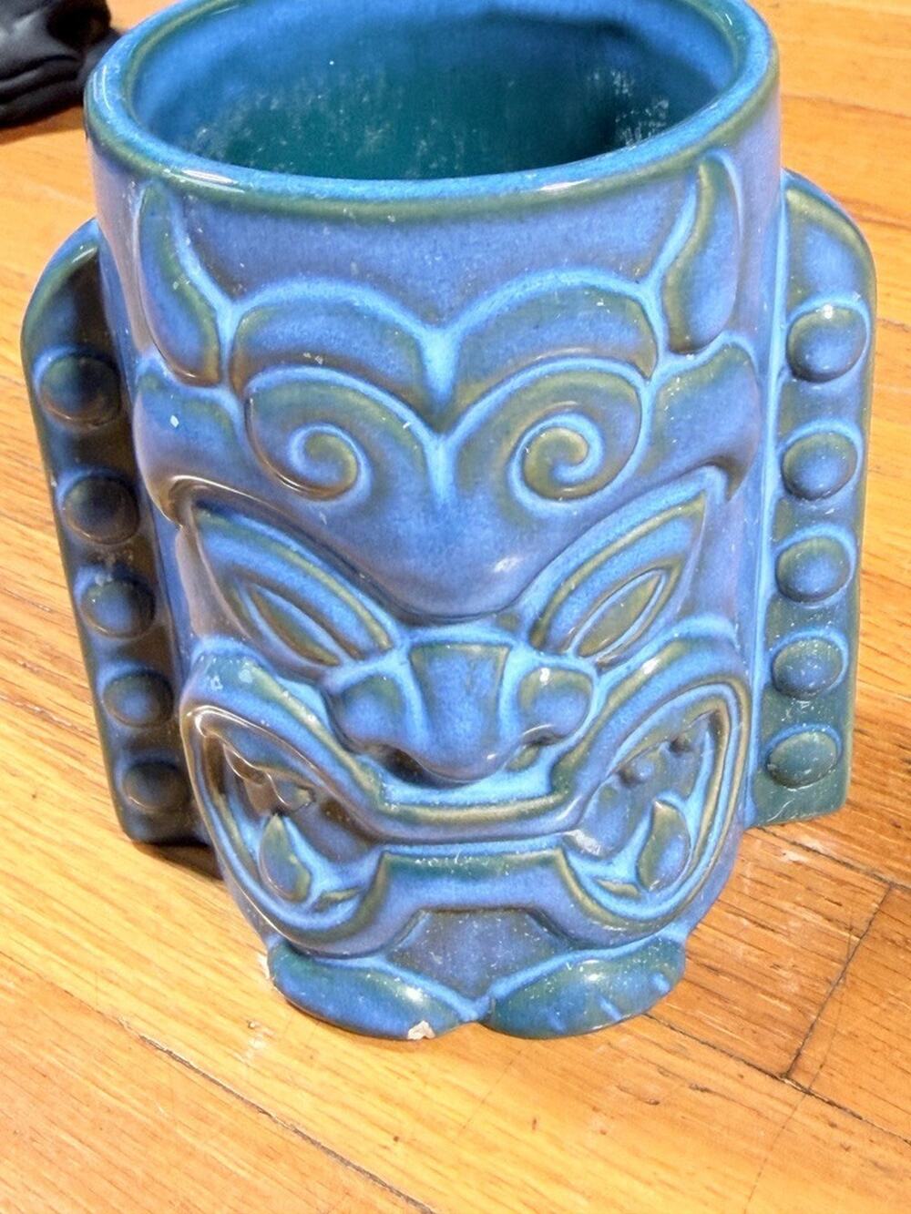 2012 Tiki Farm Blue Ceramic Tiki Mug Planter Raised Face 5.5” Collectible